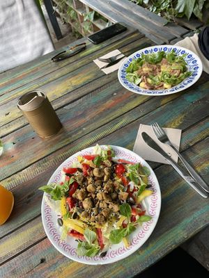 Salad with peas protein pieces and gnocchi with “meat"  at VeggieDick in Mikulov