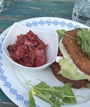 Kimchi burger, with fried patato bun.  at VeggieDick in Mikulov