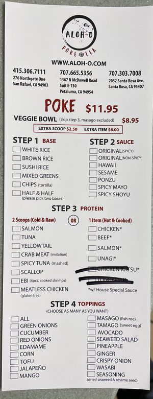 Menu  at ALOH-O in Petaluma