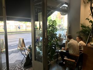 Looking out the front door at Kala Cafe in Berlin