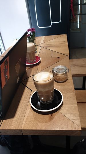 latte macchiato with oatmilk at Kala Cafe in Berlin