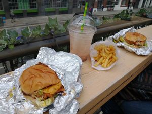 Chilli Chick'n, Ranch Chick'n, fries and Chocolate Shake at Mercy Burger in East London