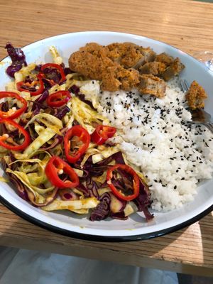 Seitan chicken shawarma bowl. Spicy!!!! at The Meteor Cafe in Bentonville