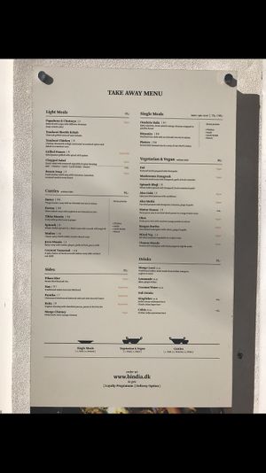The menu at Bindia in Kongens Lyngby