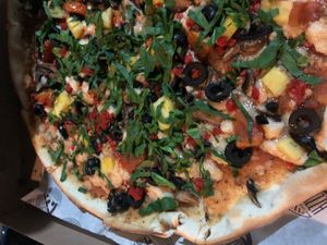 Modified vegan pizza with added vegan chorizo  at Bendita Pizza in Durango