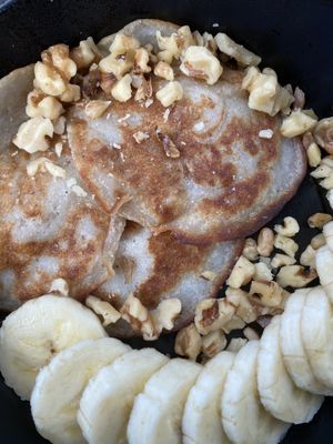 Brunch banana pancakes with walnuts  at Nirvana Tea House & Cafe in Millis