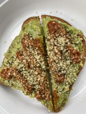 Avocado toast with hemp seeds and hot sauce at Nirvana Tea House & Cafe in Millis