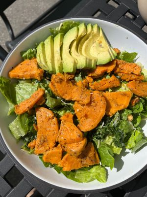 vegan ceasar salad with sweet potato and avocado  at Nirvana Tea House & Cafe in Millis