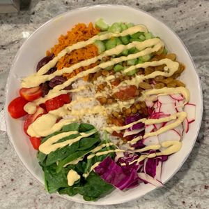 lentil love bowl with stewed lentils, fresh veggies and a coconut curry sauce at Nirvana Tea House & Cafe in Millis