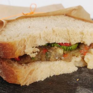 Green Pan! tropicANNA's homemade eggplant salad with roasted vegetable. So delicious! at Tropicanna in Samos