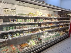 Different vegan products including vegan cheese at Bioshop in Turnhout