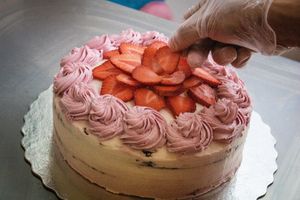 Custom strawberry cake. at Haverhill Vegan Bakery in Lake Park