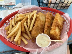 Phish and chips with vegan tartar 😋   at Clare & Don's Beach Shack in Falls Church