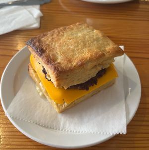 Sausage, egg, and cheese on a biscuit  at Viridis Cafe in Pittsburgh