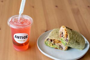 Plantbased Chickn wrap and Raspberry Lemonade.  at Antiox in Hagerstown