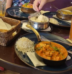 Korma, Sri Lanka curry and Tikka Masala with rice and parata. at Beli's Vegan Bistro in Szekesfehervar