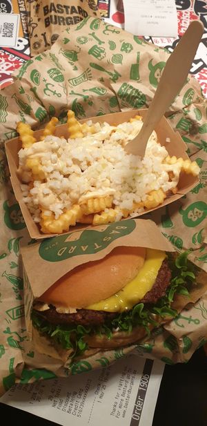 Bastard topped fries and Green London at Bastard Burgers in Linkoping