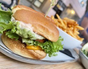 Burger and fries  at The Cider House in Vancouver