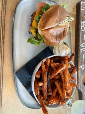 Burger and yam fries  at The Cider House in Vancouver