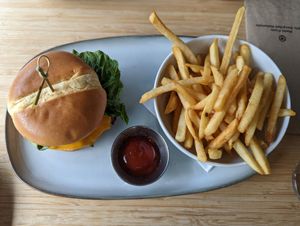 Burger and fries at The Cider House in Vancouver