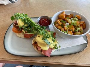 Cider Benny and hash browns  at The Cider House in Vancouver