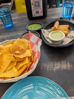 Chips + salsa and yuka bites. at La Mexicana Taco Bar in Wilton Manors