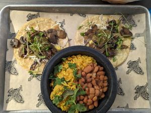 Vegan Mushroom tacos with rice and beans at La Mexicana Taco Bar in Wilton Manors