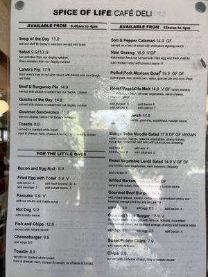 Current menu. More vegan options than what’s labeled vegan, poor written menu design but staff are helpful  at Spice of Life Cafe & Deli in Tamborine Mountain