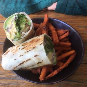 Wrap and sweet potato chips  at Getaway Garden Cafe in Agnes Water