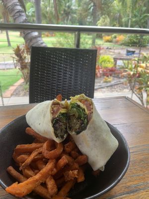 Vegan wrap with sweet potato chips $22  at Getaway Garden Cafe in Agnes Water