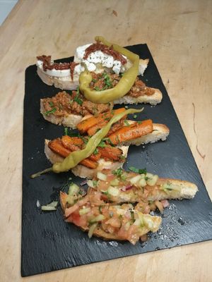 Bruschetas. With vegetable and Goat cheese at Moravid in Kiel
