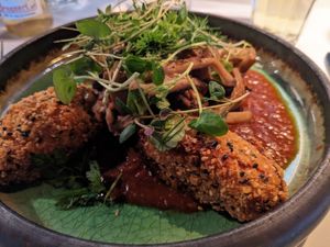 Main dish, mushroom pate with mashed sweet potatoes. at Jakobs in Skagen