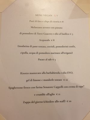 Menu Vegan, antipasti e primi at Taverna della Gelosia in Ostuni
