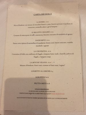 Carta dei dolci at Taverna della Gelosia in Ostuni