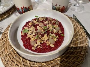 Beetroot risotto with lemon gel and toasted almonds. Delicious. Was recommended by the waiter and he wasn’t wrong.  at Taverna della Gelosia in Ostuni
