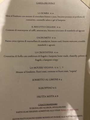 Desert menu with vegan mousse option   at Taverna della Gelosia in Ostuni