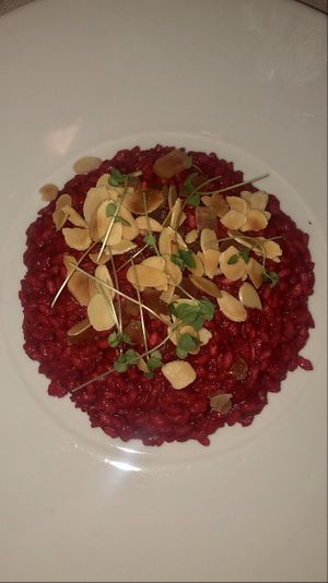 Risotto estivo con barbabietola, mandorle e cedro candito at Taverna della Gelosia in Ostuni