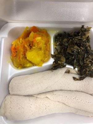 Potato & carrots, kale and injera. at Hana Ethiopian Cafe in Fredericton