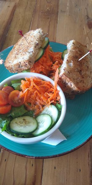 Hippy Dippy Sandwich with side salad at Skyward Cafe in Flint Hill
