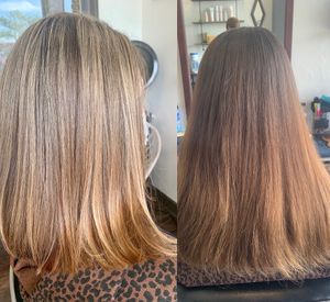 The blend that looks good styled straight too😊 at Jenny K's Hair Studio in Highland Park