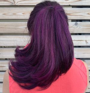 Fun vivid purple color using Paul Mitchell XG Vegan fashion colors💜 at Jenny K's Hair Studio in Highland Park