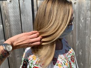 Sandy blonde lights ☀️ at Jenny K's Hair Studio in Highland Park