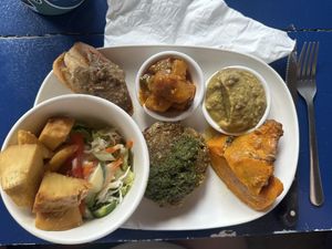 “Vegan salad” - not really a salad, although there is a small salad on the side, breadfruit fries, lentil burger, mango chutney, roasted pumpkin, avocado mousse, etc…  at A l'Heure du Sud in Moorea