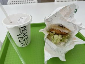 Cuttlefish steak rice burger with soy milk black tea  at Peace Vegan 痞食維根 - Pǐ Shí Wéi Gēn in Zhubei