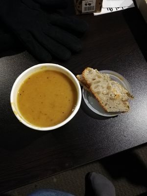 Roast vegetable soup and foccacia at Rakau in Queenstown