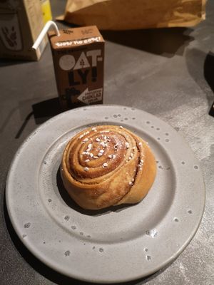 Vegan cinnamon roll with oatly chocolate milk at Brauð & Co in Reykjavik