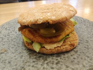 Spicy veg burger on wheat  at 42°Raw in Copenhagen