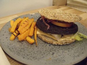 Burger and sweet potato fries at 42°Raw in Copenhagen