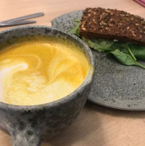 Golden Latte + Avo/Tomato/Pesto/";Cheese"; Sandwich at 42°Raw in Copenhagen