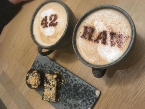 Raw snickers and peanutbutter cup with cappuccino at 42°Raw in Copenhagen